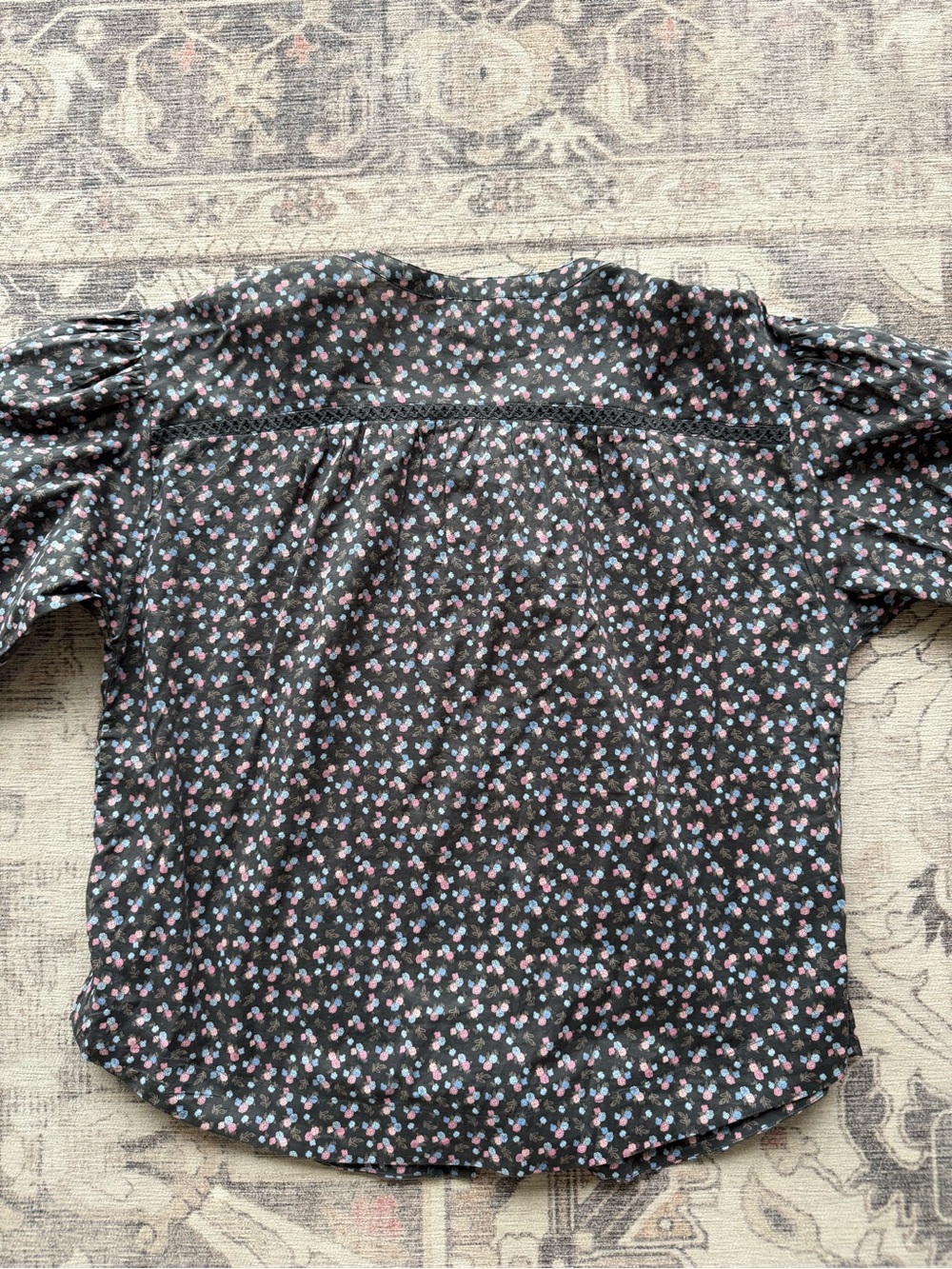 Lucky Brand Black Floral Peasant Blouse with Pink and Blue Accents - Picture 4 of 5